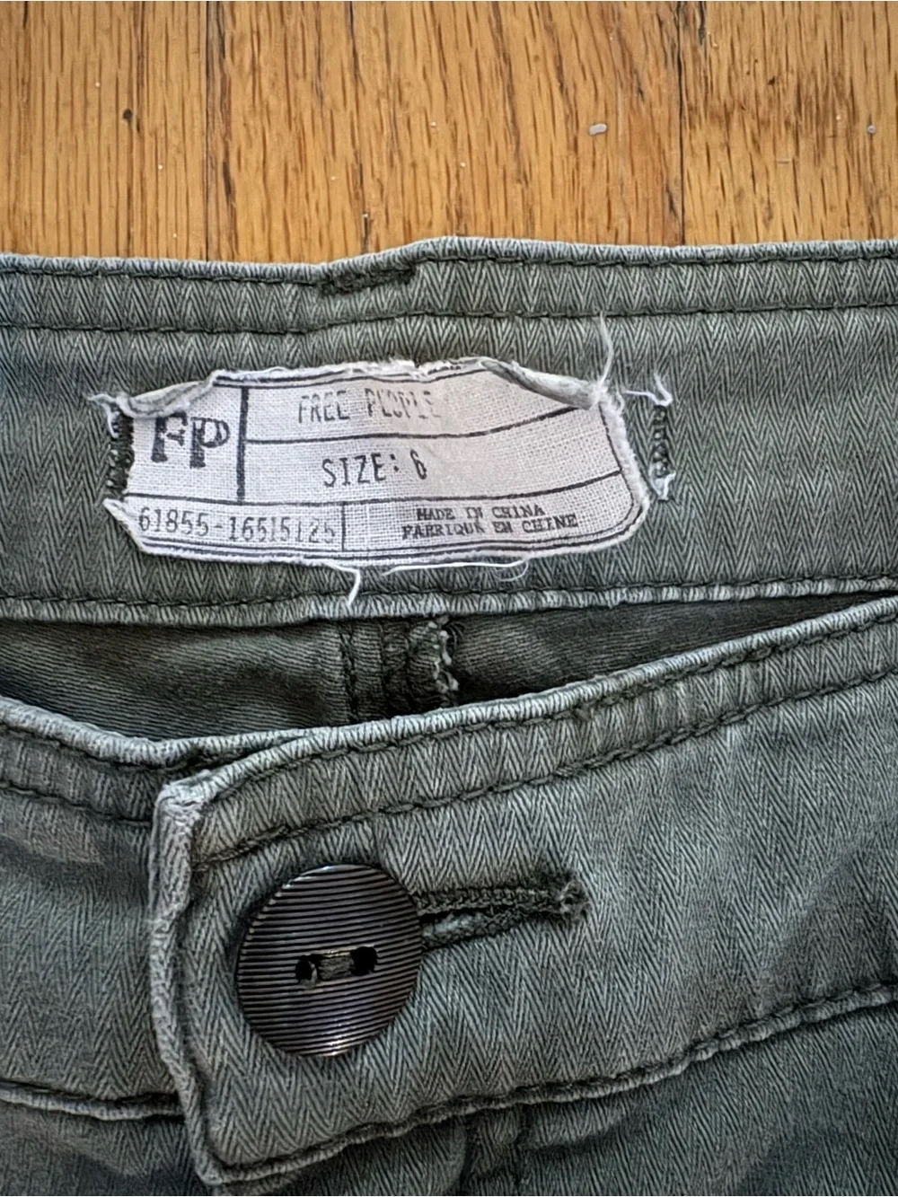 Free People Olive Green Utility-Style Pants with Black Button Detail